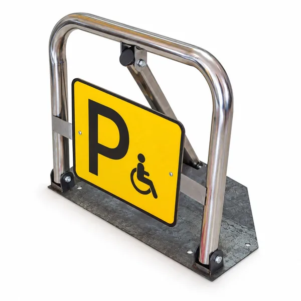 Angled view of the parking barrier showing the tubular frame, rear support and mounting holes.
