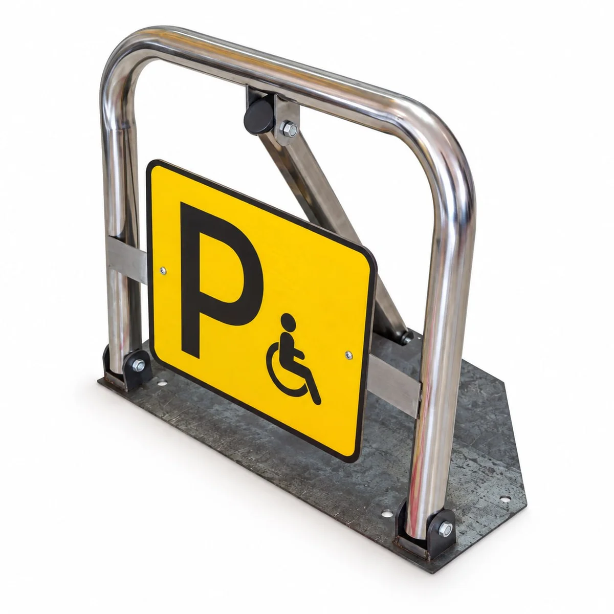 Angled view of the parking barrier showing the tubular frame, rear support and mounting holes.