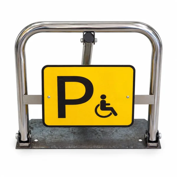 Front view of a folding parking barrier on a metal base, with a yellow P sign and wheelchair symbol.