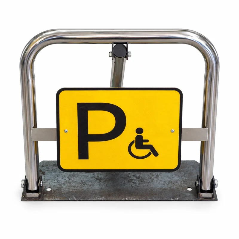Front view of a folding parking barrier on a metal base, with a yellow P sign and wheelchair symbol.