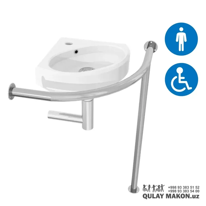 Arched handrail for a corner sink (wall + floor leg) — stainless steel
