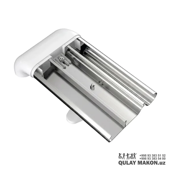 Stainless steel wall bumper guard that protects walls from impacts of wheelchairs and carts, featuring white plastic end caps and mounted on brackets away from the wall