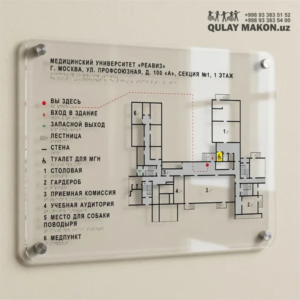 Taktil mnemosxema — bino qavat rejasi (brayl + relyef) — akril reja
