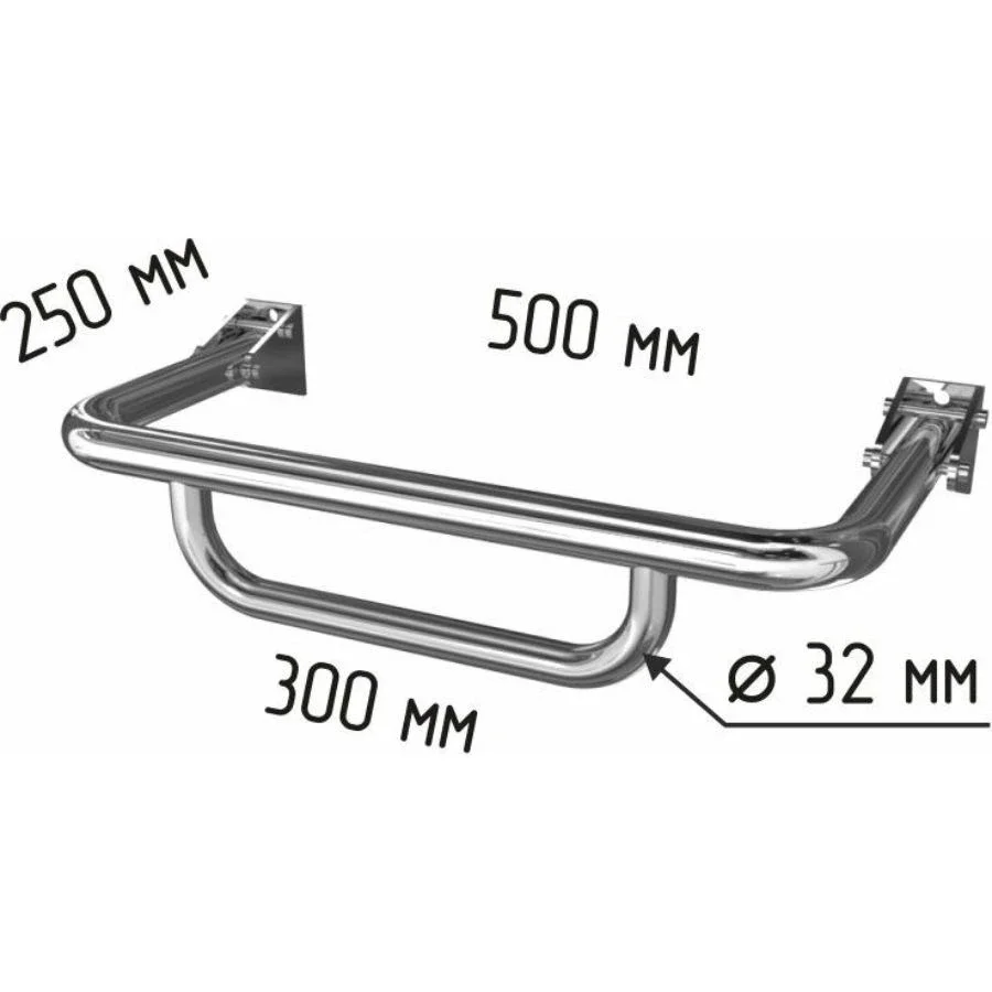 NMG grab-bar — W-frame dual-rail (yuqori tayanch 500mm + pastki yelka 300mm, ⌀32mm) — W-FRAME-DUAL-RAIL — texnik chizma (yuqori 500mm + pastki 300mm)