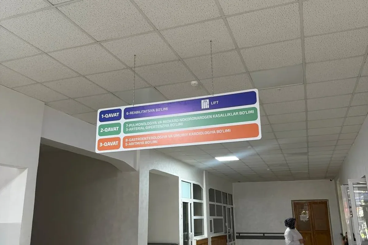 Interior · Coloured navigation panel on the corridor wall — marks departments by colour and text.