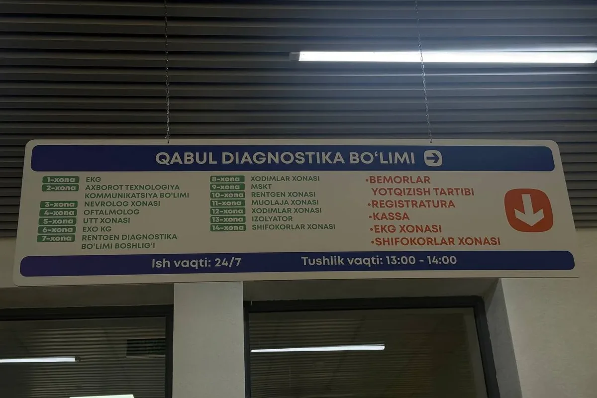 Interior · Information board of the reception–diagnostics department — guides by the list of rooms and departments.