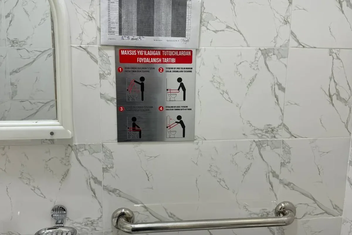 Interior · Restroom — a tilted (adapted) mirror and support handrails; at a convenient angle for a wheelchair user.