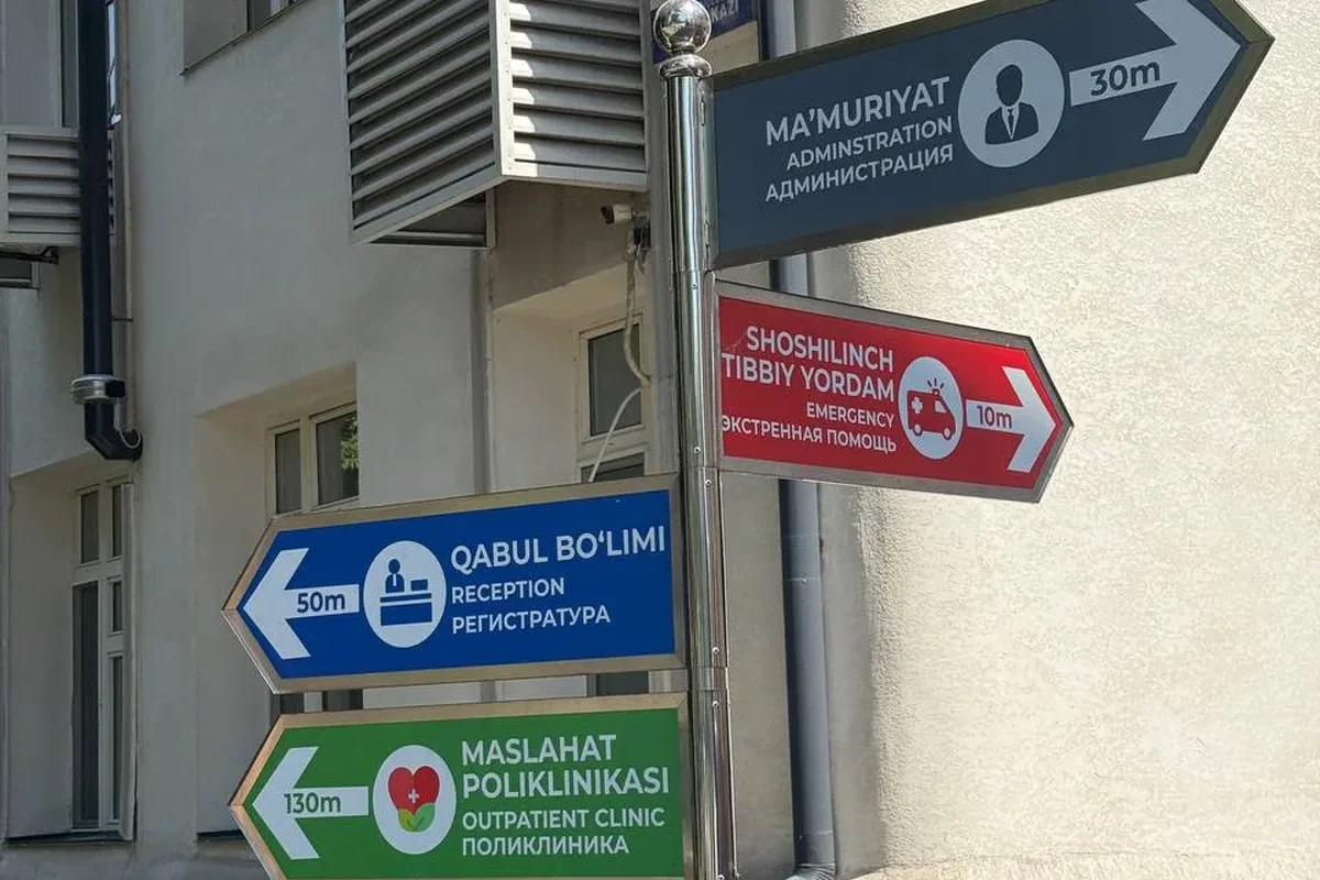 Exterior · Navigation signpost in the courtyard — to guide patients to the right department (Reception, Consultation, Administration) without getting lost.